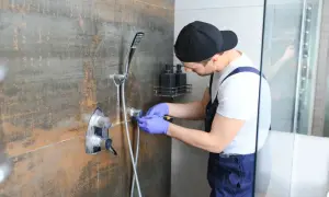 Instalator montuje deszczownicę do ściany, dbając o każdy detal.