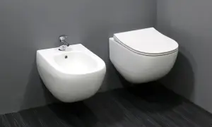 Biała, wisząca ceramika łazienkowa: bidet z baterią i przylegająca do niego miska WC.