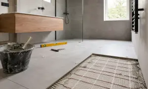 Montaż podłogówki w łazience. Widać wiadro z zaprawą, poziomicę i fragment instalacji grzewczej pod płytkami.