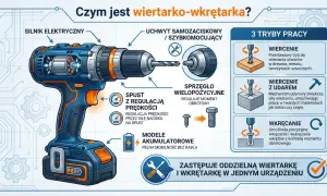 Ilustracja wiertarko-wkrętarki z opisem funkcji. Moment obrotowy (Nm) jest kluczowy dla precyzyjnego wkręcania.