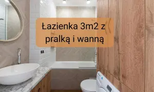 Kompaktowa łazienka z wanną i pralką. Białe płytki, drewniane akcenty i okrągłe lustro tworzą przytulną przestrzeń.