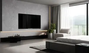 Nowoczesna ściana z TV w salonie, beton architektoniczny, minimalistyczne meble i widok na góry. Inspiracje dla Twojego wnętrza.
