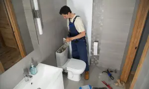 Hydraulik wykonuje montaż muszli klozetowej do podłogi. W łazience widać umywalkę, lustro i narzędzia.