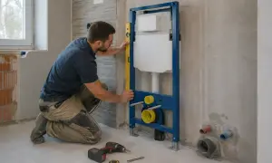 Instalator sprawdza poziomem, jak zabudować stelaż WC. Widać narzędzia i elementy instalacji.