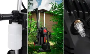Zbliżenie na dyszę z pojemnikiem na detergent i przyłącze wody, pokazujące, jak działa myjka ciśnieniowa.
