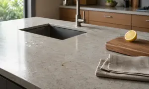 Plamy wody i lekko zabrudzony blat kuchenny obok deski z cytryną i złożonej serwetki.