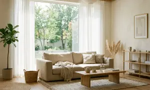 Salon w stylu japandi: jasna kanapa, drewniany stolik kawowy, pleciony kosz i rośliny tworzą przytulną atmosferę.