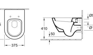 Rysunek techniczny miski WC. Wymiary: szerokość 375 mm, wysokość miski WC 565 mm, wysokość do górnej krawędzi 410 mm. Średnice przyłączy: 55 mm i 102 mm.