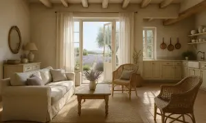 Przytulny styl prowansalski salon z widokiem na pola lawendy. Jasna sofa, wiklinowe fotele i drewniane belki tworzą sielski klimat.