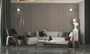 Nowoczesny salon w stylu eklektycznym: szara kanapa, bordowy fotel, marmurowy stolik i designerskie oświetlenie tworzą przytulną przestrzeń.