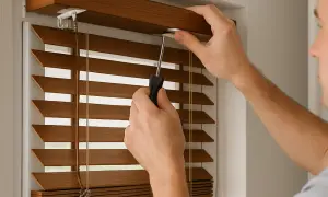 Mężczyzna reguluje mechanizm żaluzji drewnianych za pomocą śrubokręta.