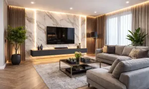 Nowoczesna ściana TV inspiracje: marmur, drewniane lamele i subtelne podświetlenie tworzą elegancką przestrzeń.