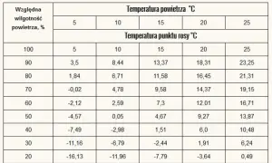 Tabela pokazuje, jak zmierzyć wilgotność drewna, porównując temperaturę powietrza i punktu rosy.
