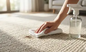 Dłoń z białą ściereczką delikatnie usuwa plamę z beżowego dywanu. Obok stoi butelka z płynem do czyszczenia. To prosty sposób, jak wyczyścić dywan.