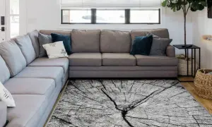 Szary dywan z wzorem przekroju drzewa idealnie pasuje do szarej kanapy, tworząc nowoczesne i przytulne wnętrze.