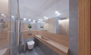 Nowoczesny projekt łazienki z drewnianym blatem, szarymi płytkami i podwieszaną toaletą.