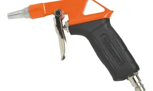 Pistolet do przedmuchiwania Black+Decker, firmy znanej z narzędzi, z pomarańczową obudową i czarną rękojeścią.