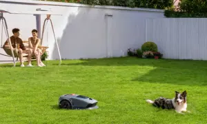 Para, jak działa robot koszący, odpoczywa na trawie, podczas gdy para siedzi na huśtawce. Pies leży obok.