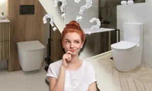 Zastanawiasz się, jaki **wc wiszący do ilu kg** wybrać? Dwa nowoczesne wc, jeden podwieszany, drugi stojący, a nad nimi znaki zapytania.