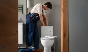 Hydraulik w pasie z narzędziami reguluje spłuczkę w nowoczesnej łazience. Obok stoi skrzynka z narzędziami.