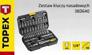 Zestaw kluczy nasadowych Topex 38D640 z grzechotką i bitami.