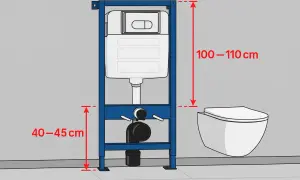 Stelaż WC z podwieszaną miską. Wymiary montażowe: 100-110 cm wysokości, 40-45 cm od podłogi do dolnej części stelaża.