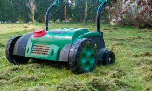 Zielony aerator na trawniku, gotowy do pracy. Zastanawiasz się, aerator co to? To urządzenie do napowietrzania gleby.
