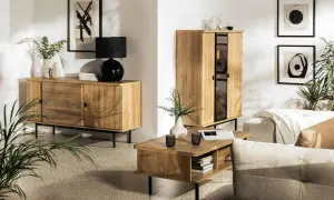Przytulny salon inspiracje: drewniane meble, czarna lampa, wazony, obrazy i rośliny tworzą ciepłą atmosferę.