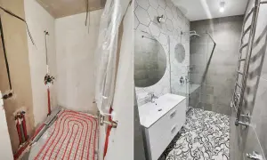 Łazienka w trakcie remontu i po: od gołych ścian z instalacją podłogowego ogrzewania do nowoczesnego wnętrza z prysznicem bez kabiny, umywalką i designerską podłogą.