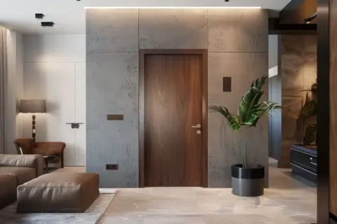 Nowoczesny przedpokój w stylu loft: beton, drewno, skóra. Inspiracje dla Twojego wnętrza.