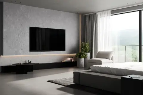 Nowoczesna ściana z TV w salonie, beton architektoniczny, minimalistyczne meble i widok na góry. Inspiracje dla Twojego wnętrza.