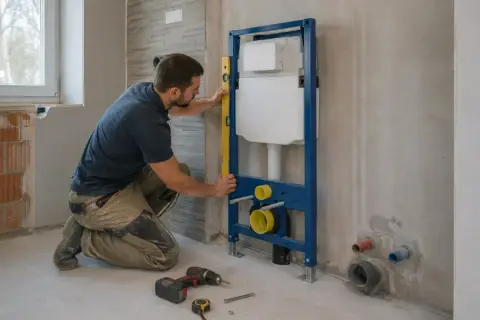 Instalator sprawdza poziomem, jak zabudować stelaż WC. Widać narzędzia i elementy instalacji.