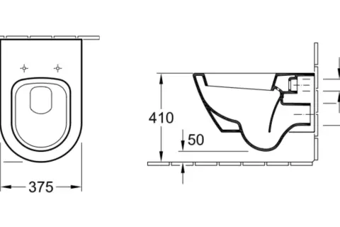 Rysunek techniczny miski WC. Wymiary: szerokość 375 mm, wysokość miski WC 565 mm, wysokość do górnej krawędzi 410 mm. Średnice przyłączy: 55 mm i 102 mm.