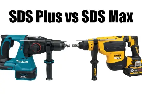 Porównanie wiertarek: niebieska Makita SDS Plus i żółta DeWalt SDS Max, obie z uchwytem bocznym i wiertłem.