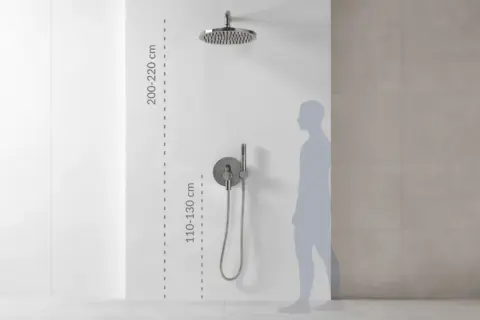Wysokość baterii wannowej: deszczownica 200-220 cm, panel sterujący 110-130 cm. Sylwetka pokazuje idealne dopasowanie.