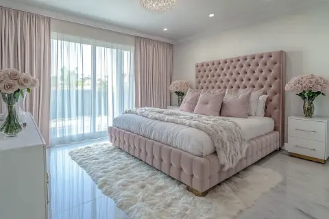 Sypialnia glamour inspiracje: różowe, pikowane łóżko, puchate dywaniki i bukiety róż tworzą luksusową atmosferę.