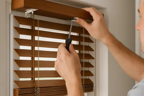 Mężczyzna reguluje mechanizm żaluzji drewnianych za pomocą śrubokręta.