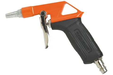 Pistolet do przedmuchiwania Black+Decker, firmy znanej z narzędzi, z pomarańczową obudową i czarną rękojeścią.