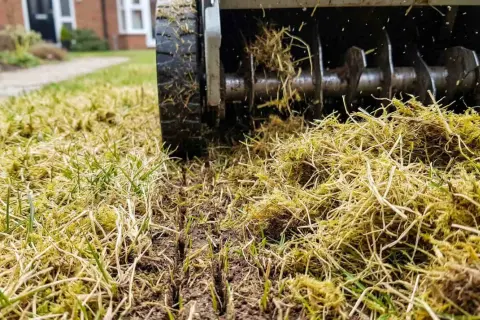 Maszyna do wertykulacji trawnika usuwa mech i filc, odsłaniając świeżą ziemię i młode źdźbła trawy.