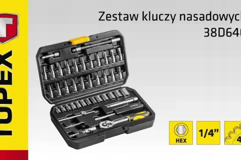 Zestaw kluczy nasadowych Topex 38D640 z grzechotką i bitami.