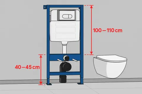 Stelaż WC z podwieszaną miską. Wymiary montażowe: 100-110 cm wysokości, 40-45 cm od podłogi do dolnej części stelaża.