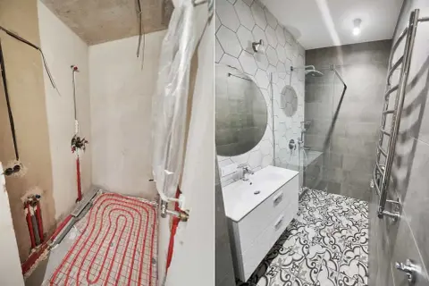 Łazienka w trakcie remontu i po: od gołych ścian z instalacją podłogowego ogrzewania do nowoczesnego wnętrza z prysznicem bez kabiny, umywalką i designerską podłogą.