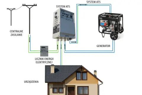 Schemat pokazuje, jak uruchomić agregat prądotwórczy z systemem ATS, który automatycznie przełączy zasilanie z sieci na generator w razie awarii.