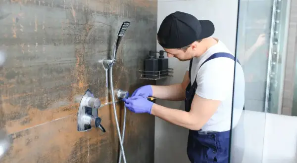 Instalator montuje deszczownicę do ściany, dbając o każdy detal.