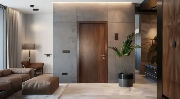 Nowoczesny przedpokój w stylu loft: beton, drewno, skóra. Inspiracje dla Twojego wnętrza.
