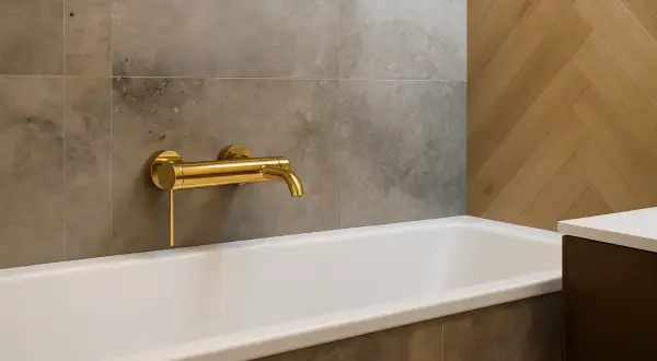 Elegancka, złota bateria zamontowana na środku wanny, nad jej krawędzią, w nowoczesnej łazience z szarymi i drewnianymi płytkami.