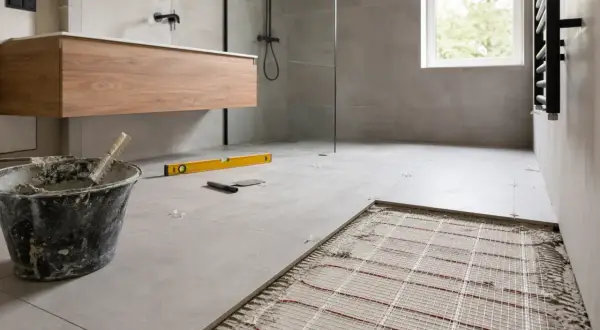 Montaż podłogówki w łazience. Widać wiadro z zaprawą, poziomicę i fragment instalacji grzewczej pod płytkami.