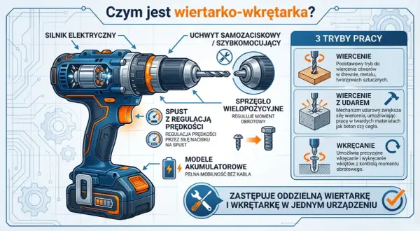 Ilustracja wiertarko-wkrętarki z opisem funkcji. Moment obrotowy (Nm) jest kluczowy dla precyzyjnego wkręcania.