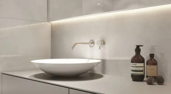 Nowoczesny blat do łazienki z umywalką nablatową i baterią ścienną. Minimalistyczny design, szare płytki i dyskretne oświetlenie.