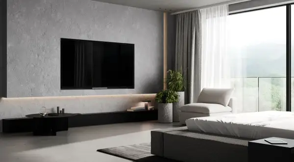 Nowoczesna ściana z TV w salonie, beton architektoniczny, minimalistyczne meble i widok na góry. Inspiracje dla Twojego wnętrza.